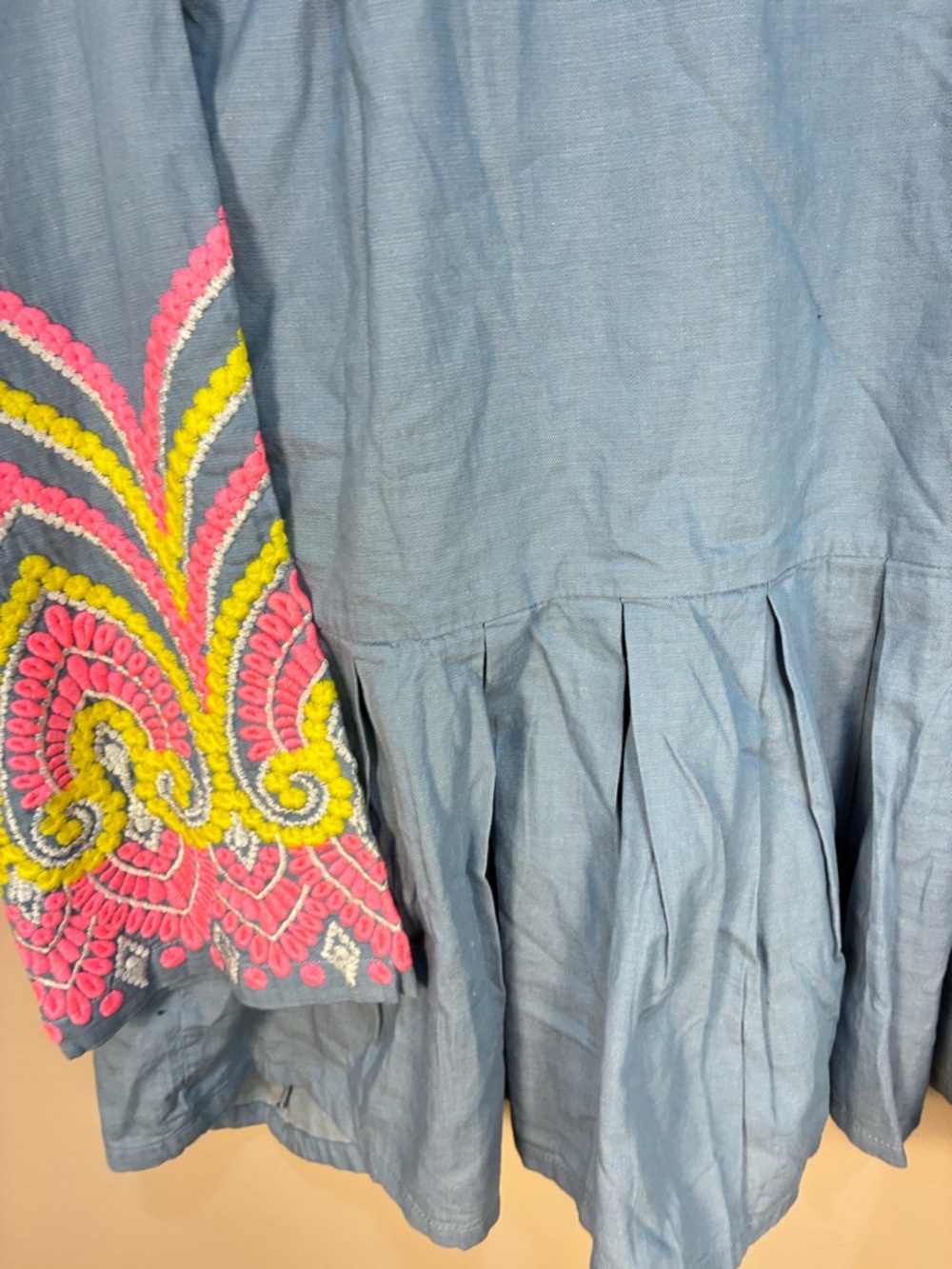 Khaadi Embroidered Sleeve Pearl Detail Peplum Hem Chambray Blouse - Picture 6 of 9